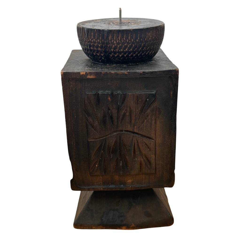 Vintage Hand Carved Wood Pillar Candle Holder Primitive Brutalist  Rustic
